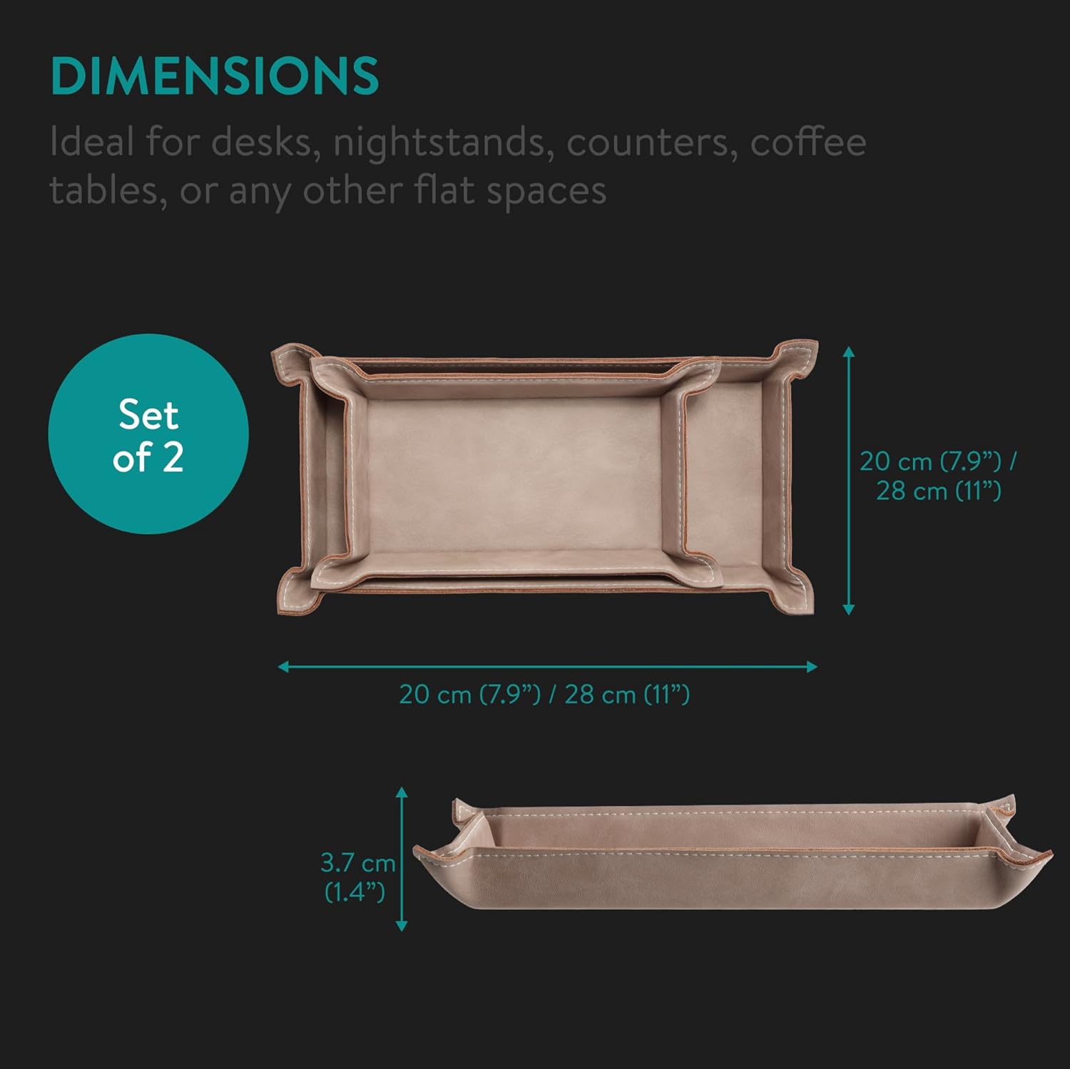 Navaris PU Leather Tray Set - 2 Piece Valet Tray & Trinket Organizer - Key, Watch, Jewelry & Desk Storage Tray Set - Cream
