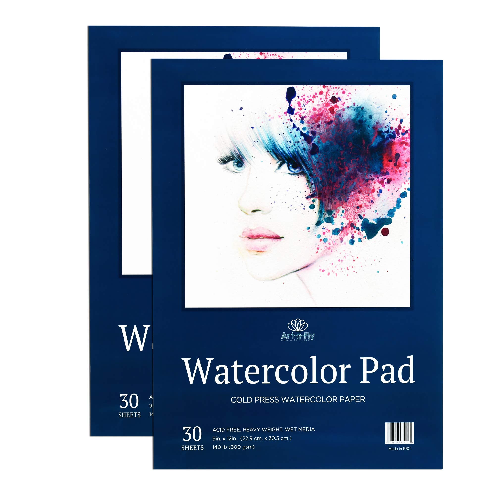 ArtNFly Watercolor Paper Pad 9 x 12 Inch, 2-Pack, Cold Press Watercolor Sketchbook, 60 Sheets Total, 140 lb (300 gsm) Acid-Free Paper for Watercolor Painting, Drawing, Wet & Mixed Media, Ideal for Artists & Kids