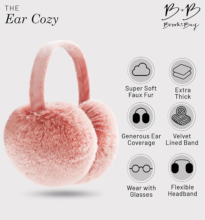Brook + Bay Foldable Faux Fur Earmuffs - Adjustable Velvet Lined Ear Warmers for Women, Men & Kids - Pink