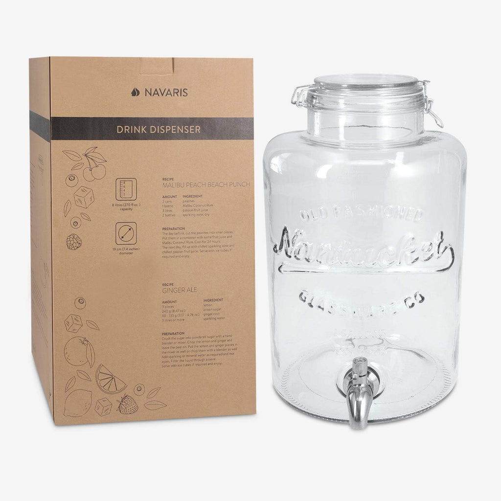 Navaris Glass Water Dispenser with Tap – 8L (2.1 Gallon) Beverage Dispenser with Silver Stand & Stainless Steel Spigot