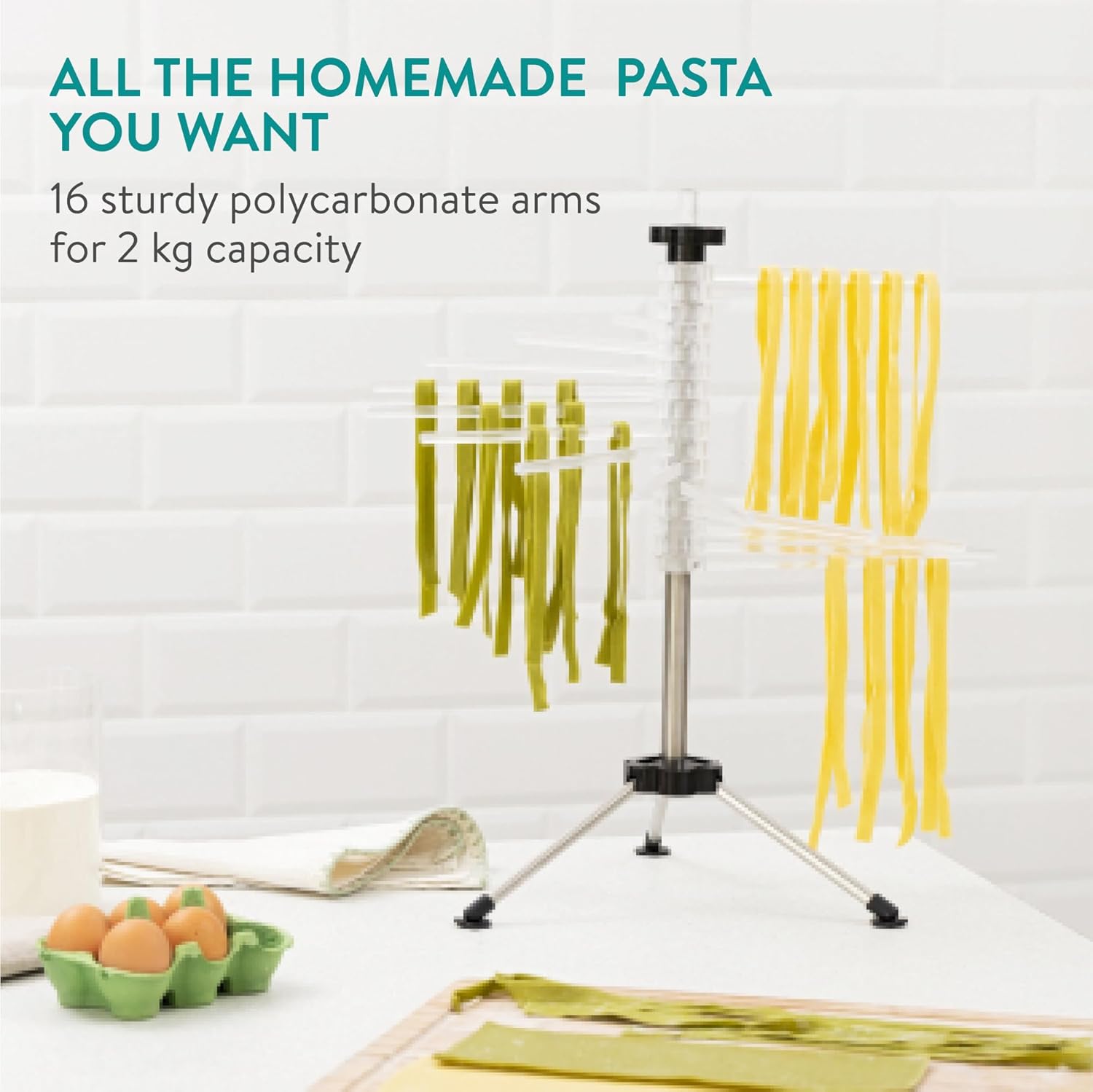 Navaris Collapsible Pasta Drying Rack – Tall Compact Pasta Stand with 16 Rods for Homemade Pasta, Spaghetti & Noodles (Silver)