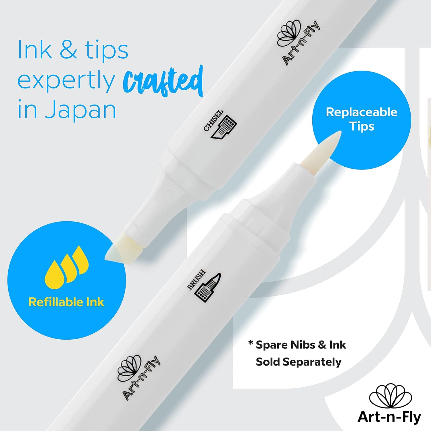 Art-n-Fly Alcohol Colorless Blender Markers, Pack of 3 Dual Tip Refillable Alcohol Markers with Japanese Ink, Colorless Blender Pens with Replaceable Brush Tips for Artists, Illustration & Marker Blending