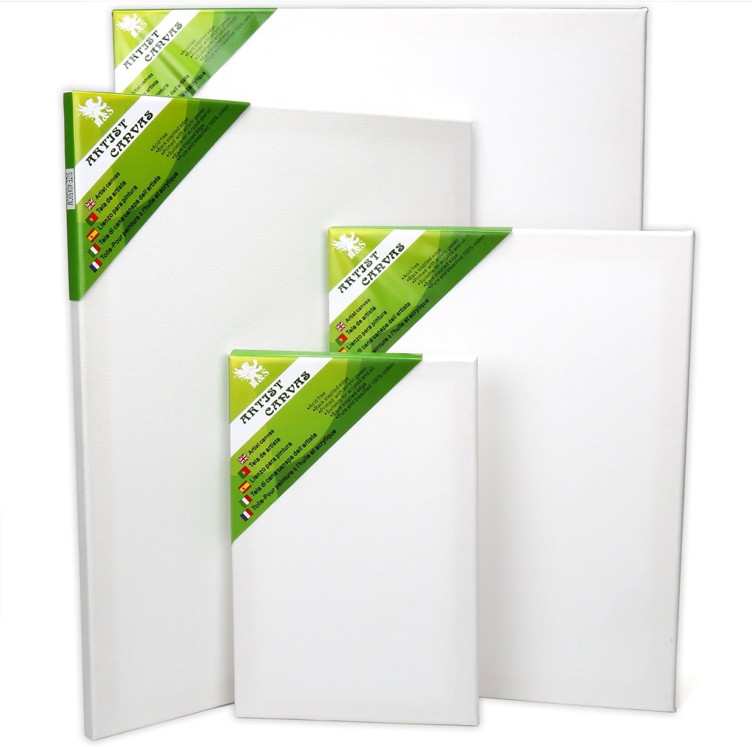 H&S Artist Blank Canvas Set, 4 Stretched Canvas Painting Boards (20x30cm, 30x40cm, 40x50cm & 50x60cm), Primed Canvas Frames for Acrylic, Oil & Watercolor Painting