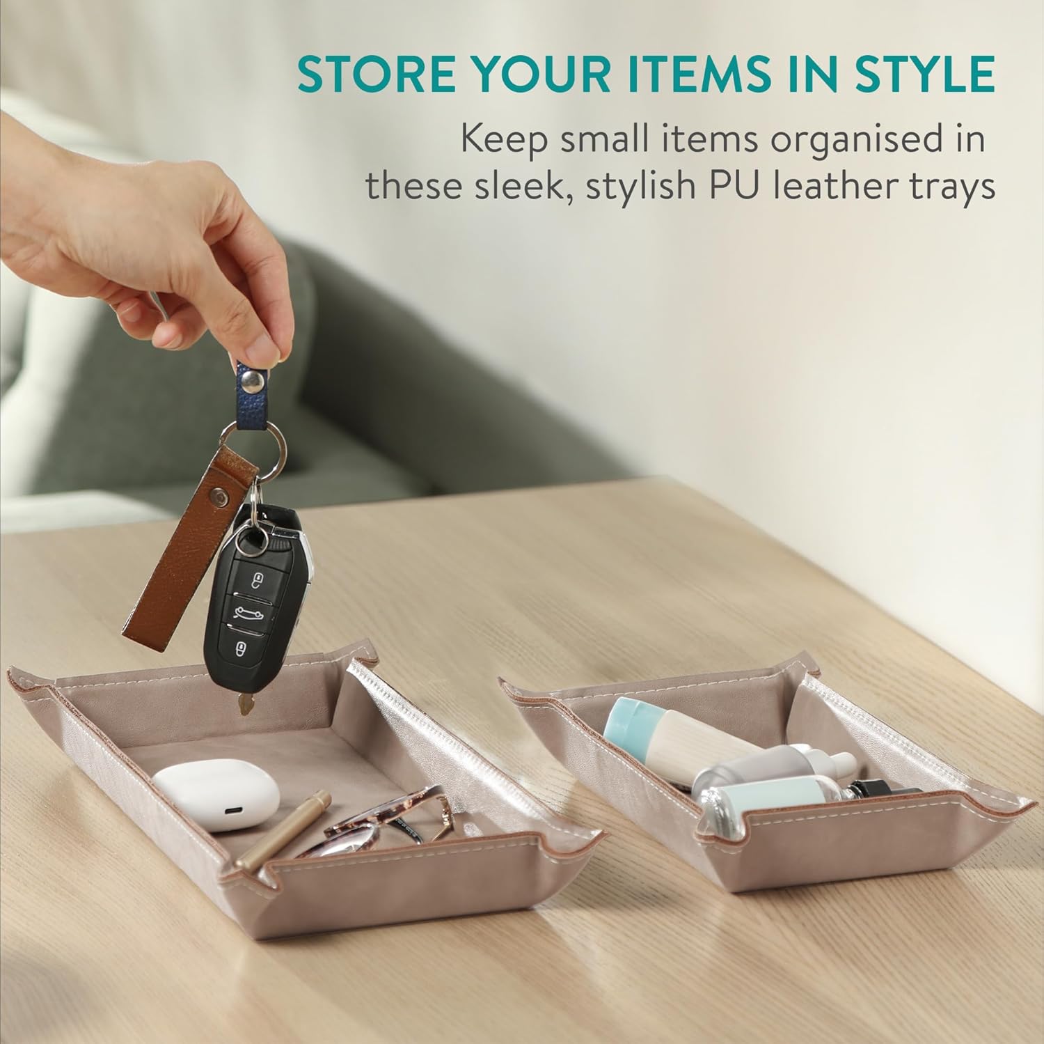 Navaris PU Leather Tray Set - 2 Piece Valet Tray & Trinket Organizer - Key, Watch, Jewelry & Desk Storage Tray Set - Cream