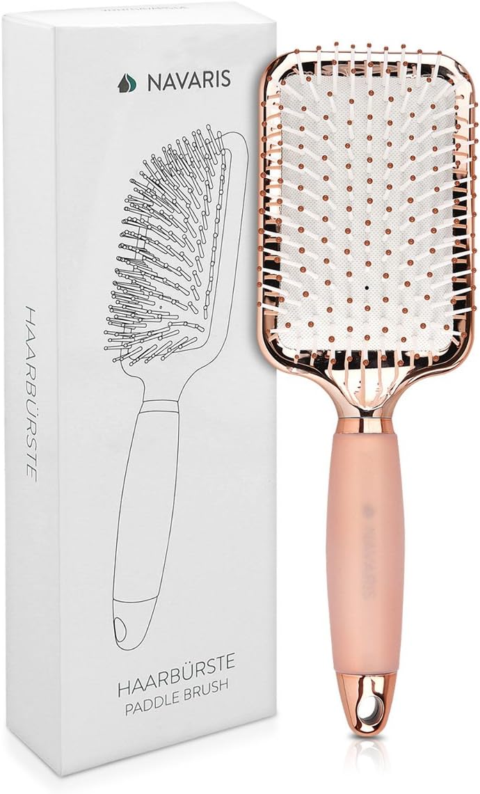 Navaris Paddle Hair Brush - Large Detangling & Styling Hairbrush with Comfort Gel Handle - Rose Gold & White - 26 x 8.5 cm