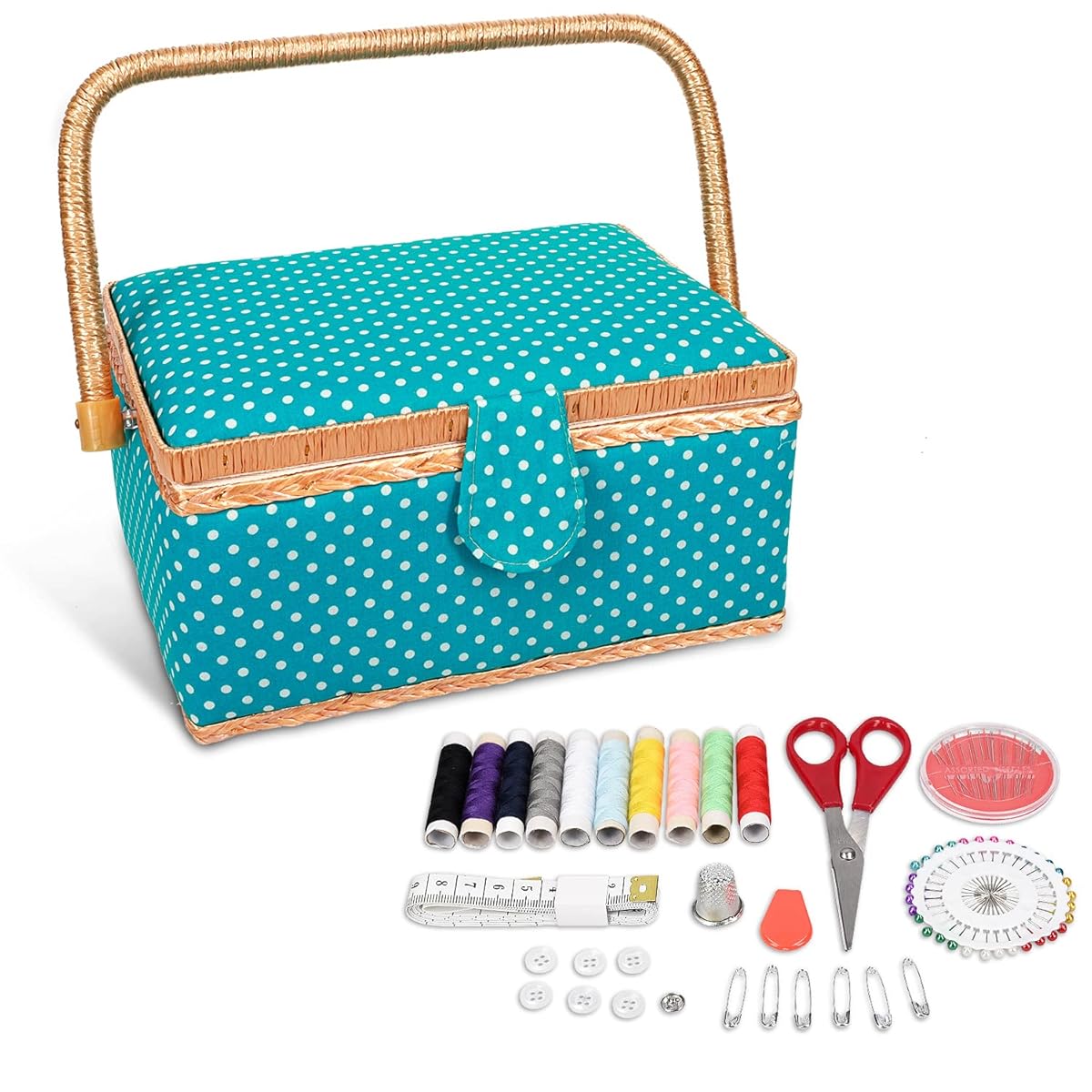 Navaris Sewing Box with 76-Piece Sewing Kit Accessories – Dotted Print Sew Basket Organizer with Removable Tray Compartments, 9.7" x 6.9" x 4.9"