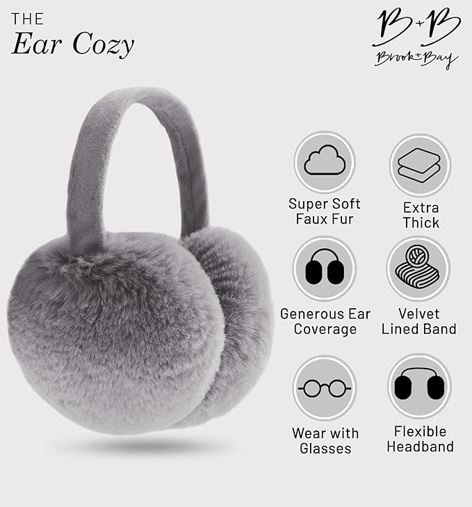 Brook + Bay Foldable Faux Fur Earmuffs - Adjustable Velvet Lined Ear Warmers for Women, Men & Kids - Gray