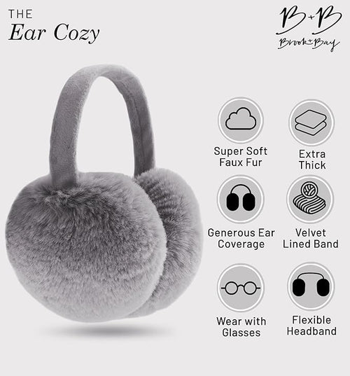 Brook + Bay Foldable Faux Fur Earmuffs - Adjustable Velvet Lined Ear Warmers for Women, Men & Kids - Gray