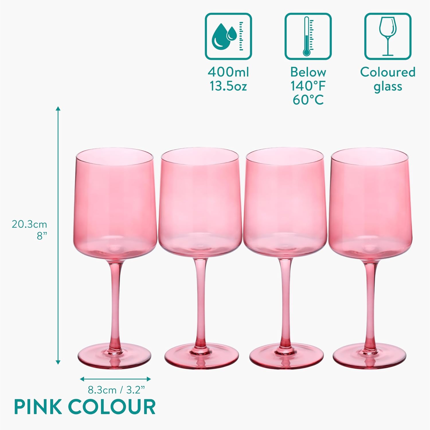 Navaris Pink Stemmed Wine Glasses Set of 4 – 13.5oz Colored Glassware for Wine, Cocktails & Desserts