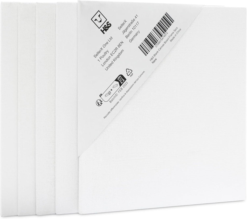 H&S Blank Canvas Board Frame Set, 5 Pack 20 x 20 cm Artist Stretched Canvases, Primed Painting Boards for Acrylic, Oil, Watercolor & Mixed Media Art