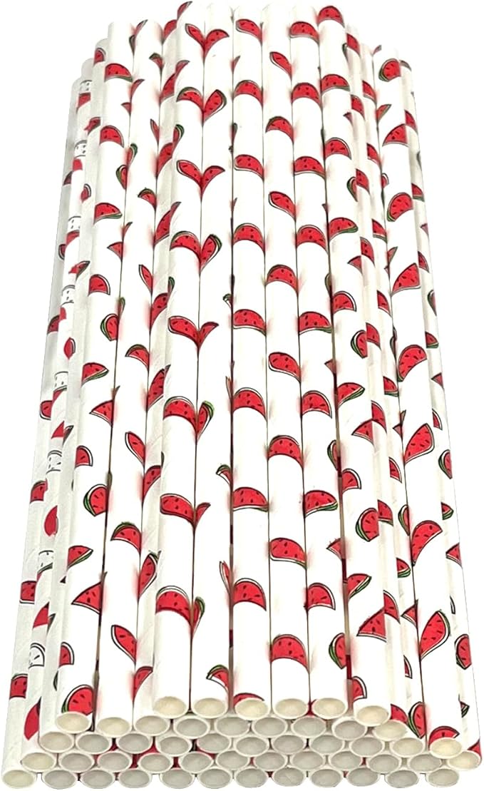 50PCS Biodegradable Paper Drinking Straws – Eco-Friendly Fruit Pattern (Watermelon Design) for Cocktails, Coffee & Cold Drinks