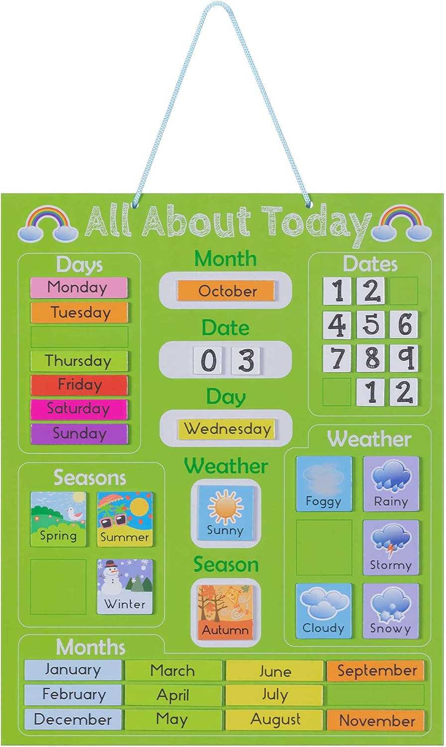 Navaris Kids Magnetic Calendar - Educational Learning Wall Board for Children with Weather, Date, Month, Day & Season Activities - Green