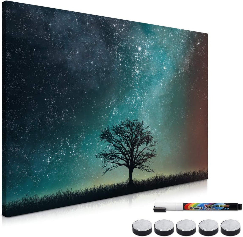 Navaris Magnetic Dry Erase Whiteboard – 16 x 24 Inch Decorative Wall White Board with Starry Sky & Tree Design, Marker and 5 Magnets Included