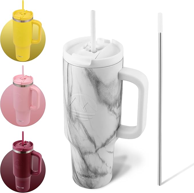 40 oz Insulated Tumbler with Handle & Straw – Cup Holder Friendly Stainless Steel Travel Mug (White Marble)