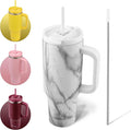 40 oz Insulated Tumbler with Handle & Straw – Cup Holder Friendly Stainless Steel Travel Mug (White Marble)