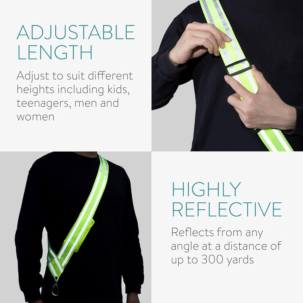 Navaris Reflective Safety Sash with Pocket & Carabiner Clip - High Visibility Gear for Walking, Running & Cycling - Adjustable 43" to 71" - Yellow