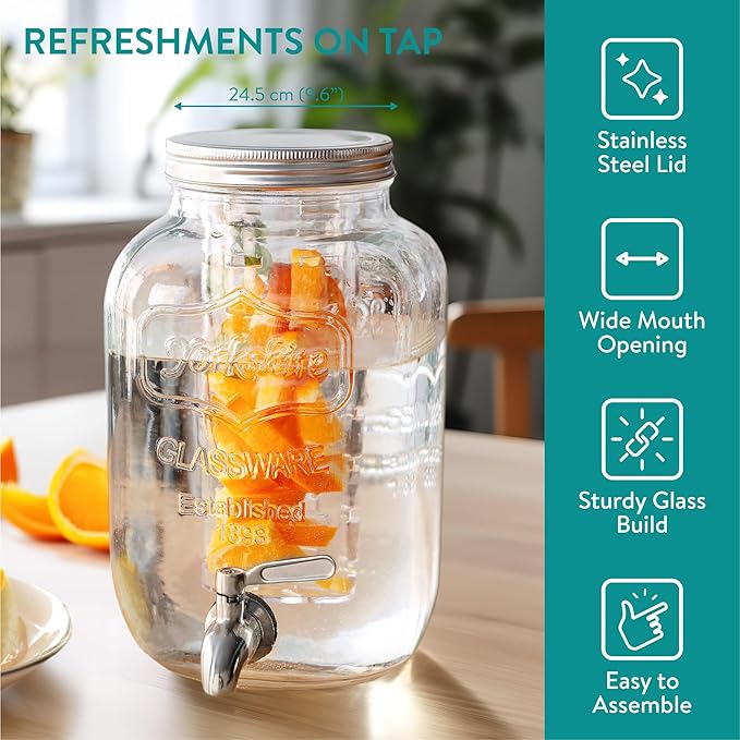 Navaris Drink Dispenser with Tap – 2.1 Gallon (8L) Glass Beverage Dispenser with Fruit Infuser & Ice Insert for Parties, Home & Office