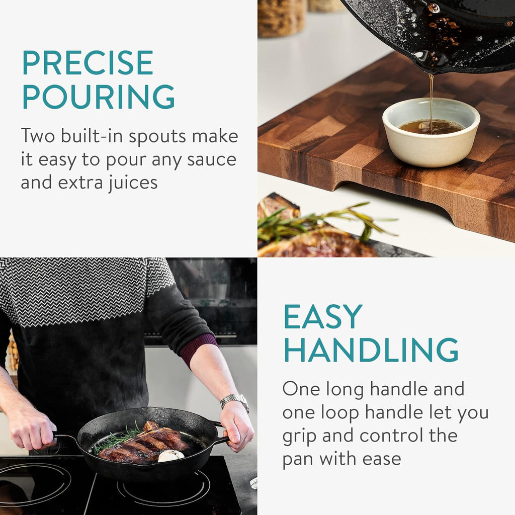 Navaris Cast Iron Skillet – 12" (30cm) Pre-Seasoned Frying Pan with Helper Handle & Pour Spouts for Oven, Stovetop, Grill & Campfire