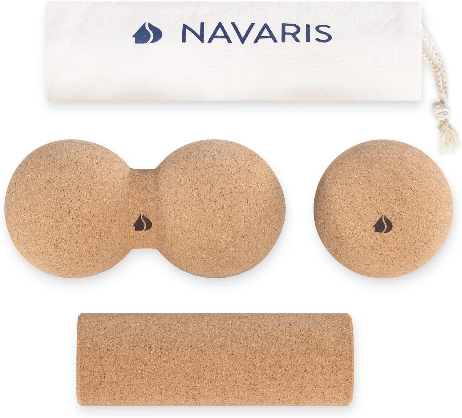 Navaris Cork Massage Roller Ball Set – 3-Piece Muscle Recovery Kit with Peanut Roller, Massage Ball & Mini Roller