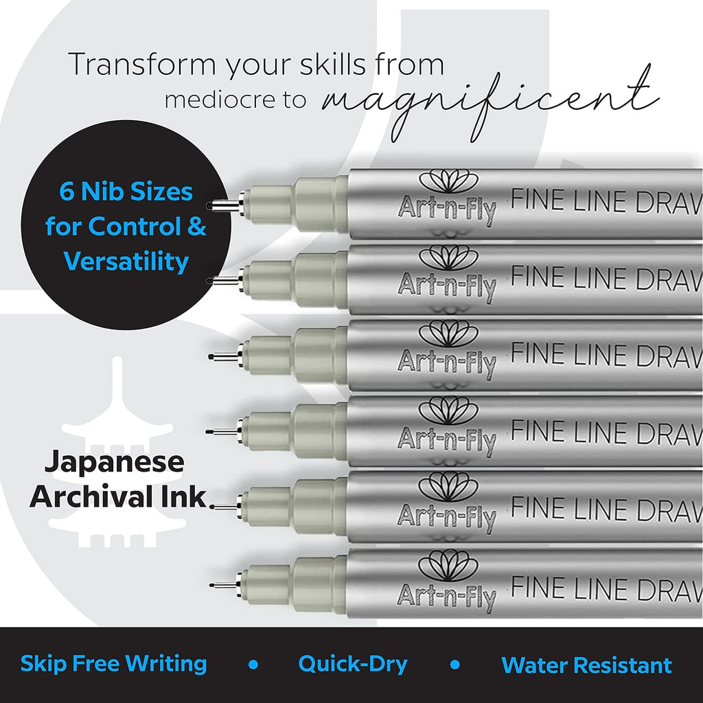 Art-n-Fly Micro Pen Set, 6 Assorted Tip Sizes, Black Waterproof Fineliner Pens with Japanese Archival Pigment Ink, Quick-Dry, No-Bleed Fine Point Pens for Drawing, Sketching, Manga & Illustration
