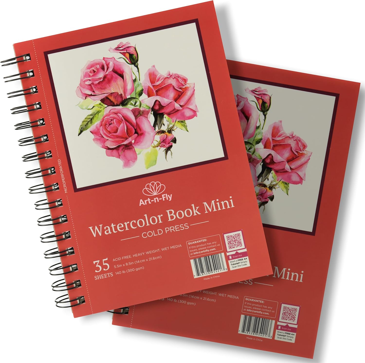 Art-n-Fly A5 Watercolour Sketchpad 2-Pack, 8.5" x 5.5" (22 x 14 cm), 70 Sheets Total, 300 gsm / 140 lb Cold Press Watercolor Paper, Spiral Bound with Microperforated Pages for Painting, Drawing & Mixed Media