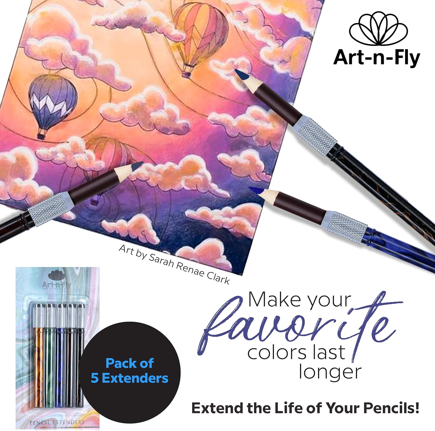 Art-n-Fly Pencil Extenders Set of 5, Color Pencil Lengtheners for Colored Pencils & Crayons, Comfortable Grip Pencil Holders for Artists, Students & Hobbyists