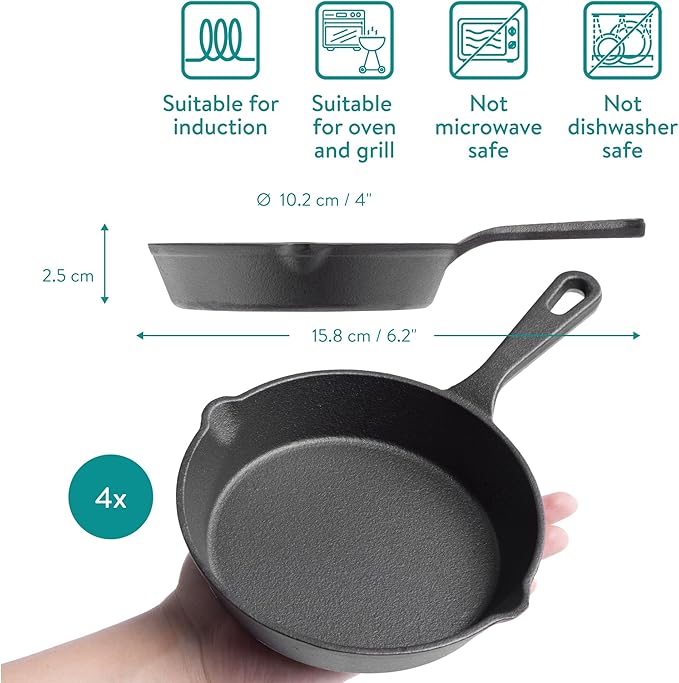Navaris Mini Cast Iron 4" Skillet with Wooden Base (Set of 2) - Cast Iron Frying Pan Mini Skillet with Protective Wood Base - Heavy Duty Metal Skillet Weighing 426g