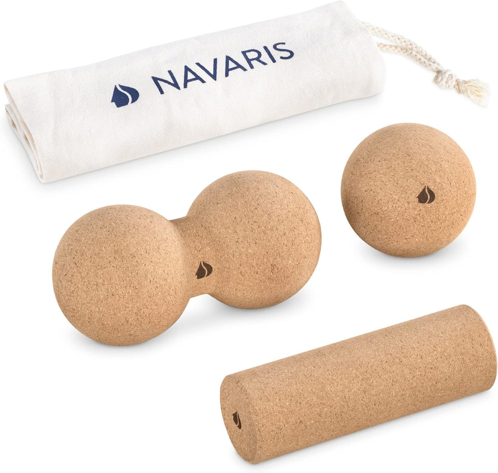 Navaris Cork Massage Roller Ball Set – 3-Piece Muscle Recovery Kit with Peanut Roller, Massage Ball & Mini Roller