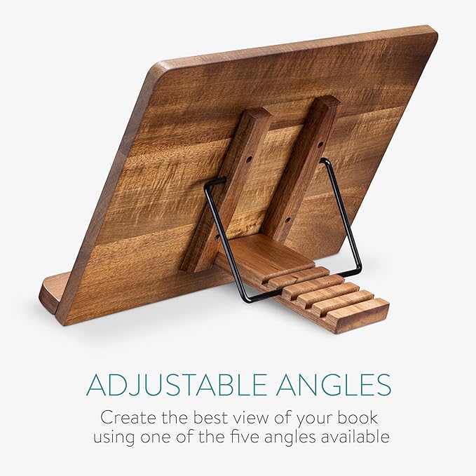 Navaris acacia wooden book stand with adjustable page holders for cookbooks tablets and reading