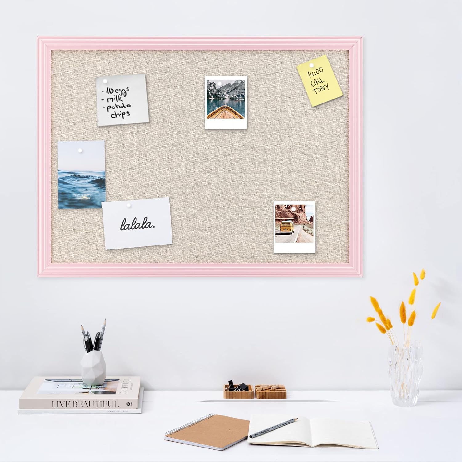 Navaris Framed Linen Bulletin Board - 58 x 43 cm Fabric Jewelry Organizer Pinboard for Wall - Pink Linen Memo Board with Pink Frame