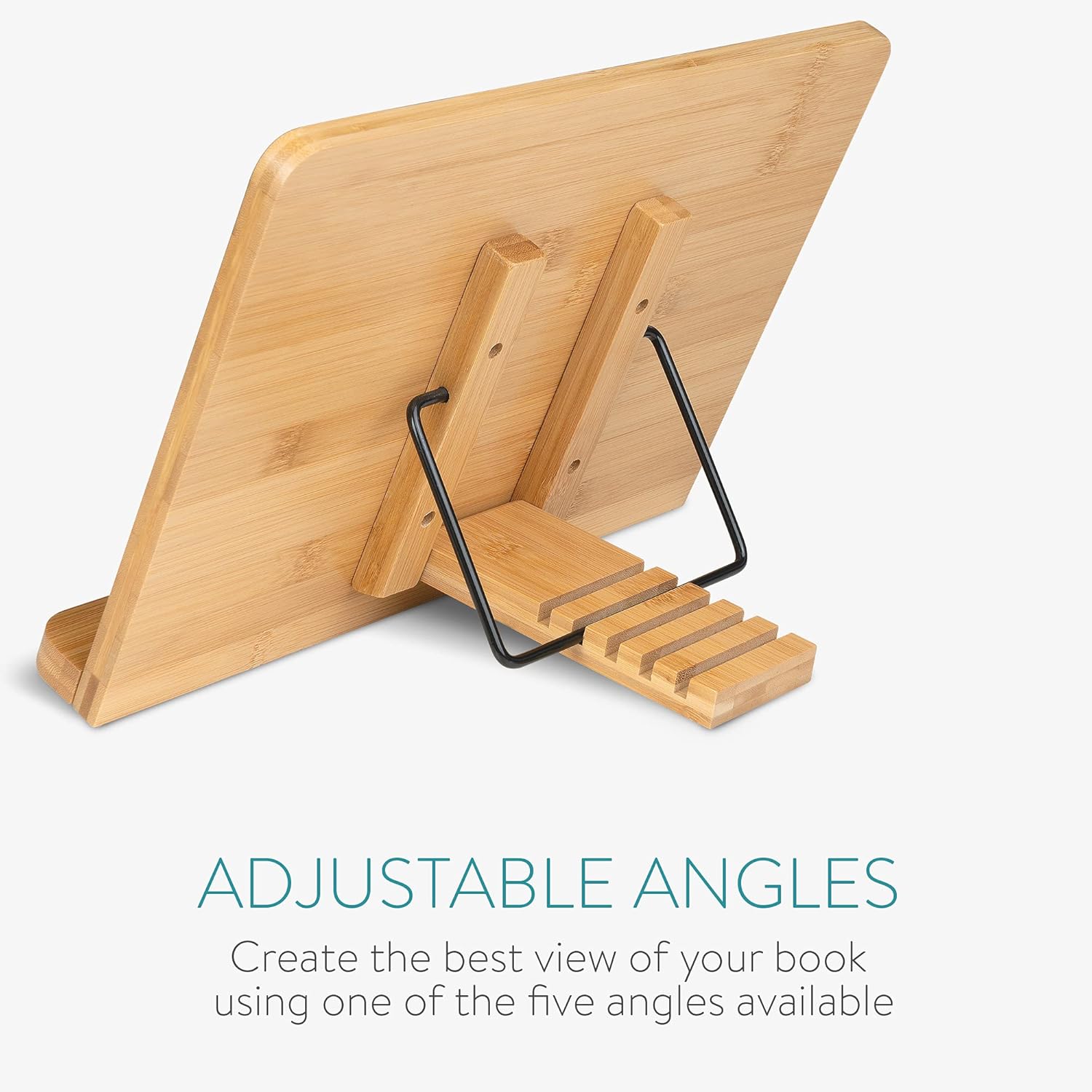 Navaris Bamboo Book Stand – Hands-Free Cookbook, Recipe & Tablet Holder with Adjustable Page Clips, Brown (33 x 24 cm)