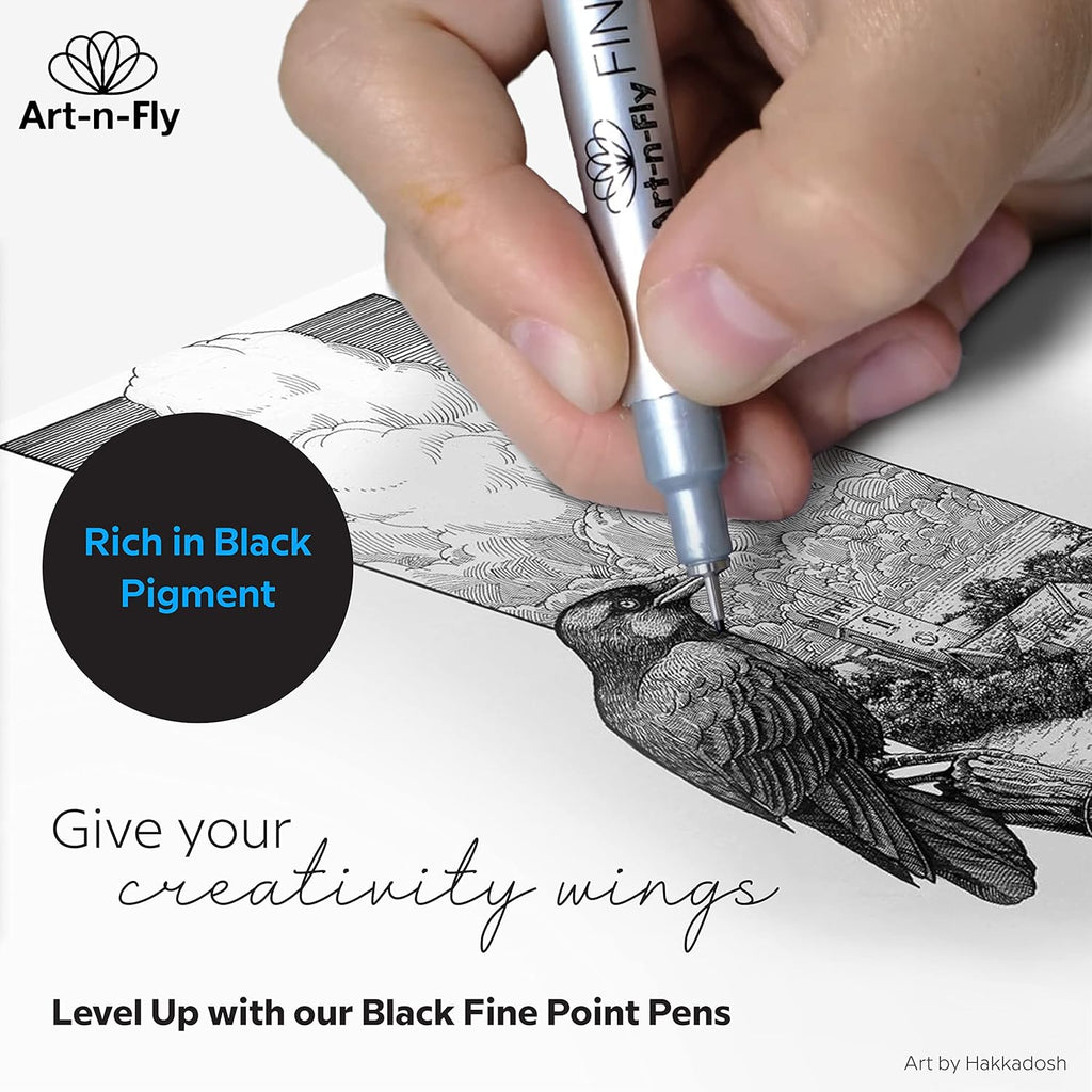 Art-n-Fly Micro Pen Set, 6 Assorted Tip Sizes, Black Waterproof Fineliner Pens with Japanese Archival Pigment Ink, Quick-Dry, No-Bleed Fine Point Pens for Drawing, Sketching, Manga & Illustration