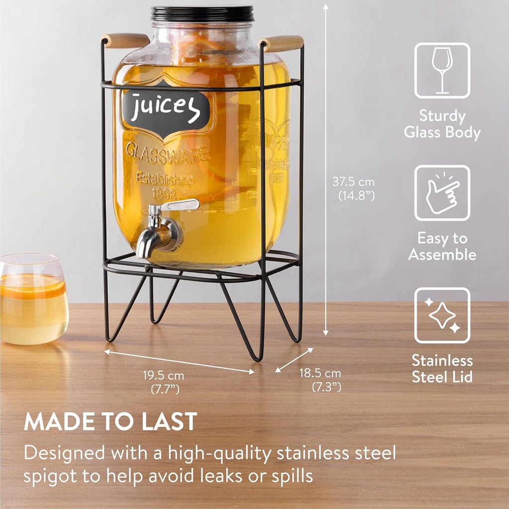 Navaris Glass Jar Drink Dispenser with Tap – 5L Beverage Dispenser with Metal Stand, Ice Tube & Fruit Infuser