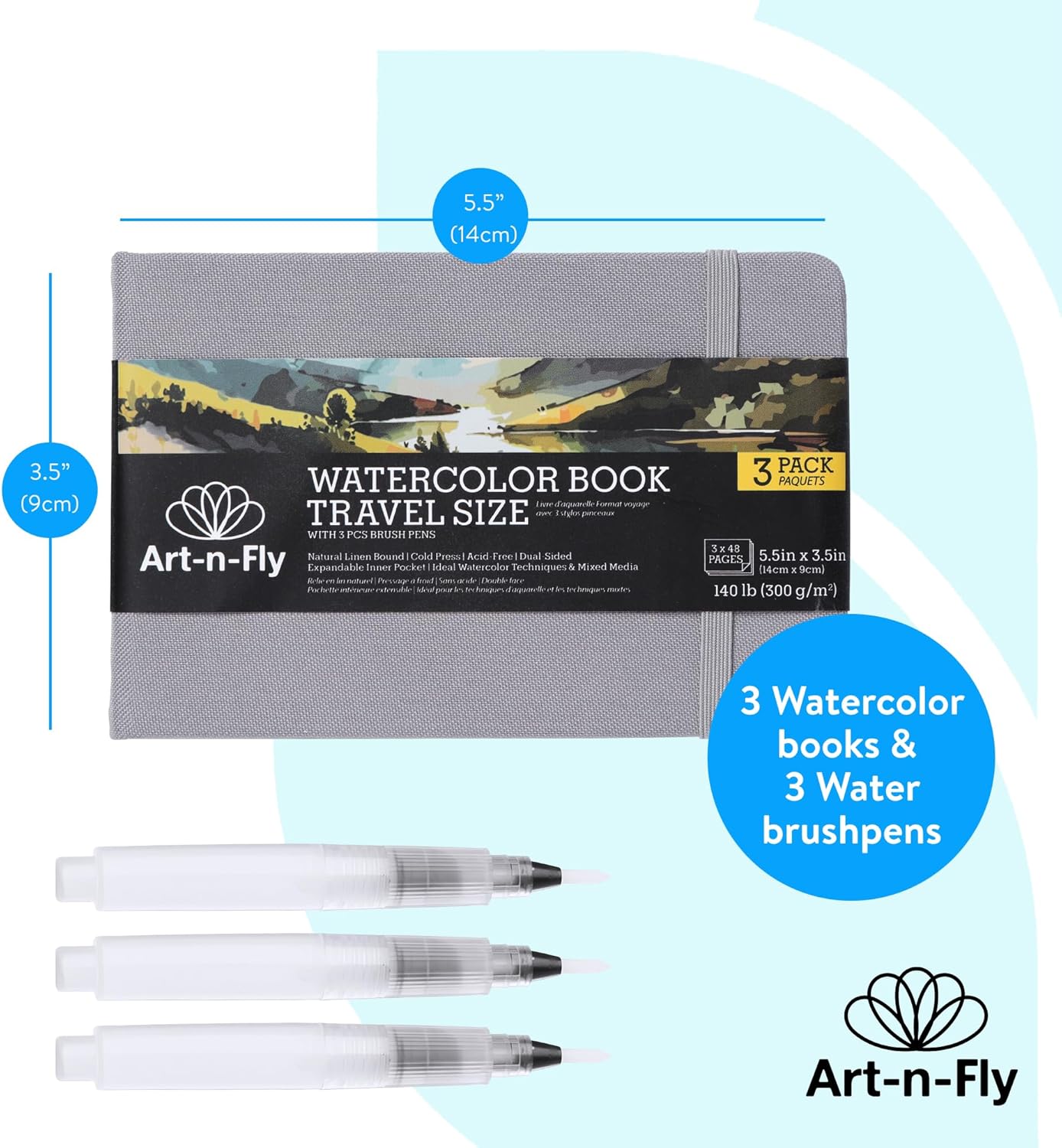 Art N Fly Watercolor Workbook Set, 3 Watercolor Sketchbooks & 3 Brush Tip Markers, Travel Painting Journal Kit for Watercolor Art, Sketching, Journaling & Creative Projects