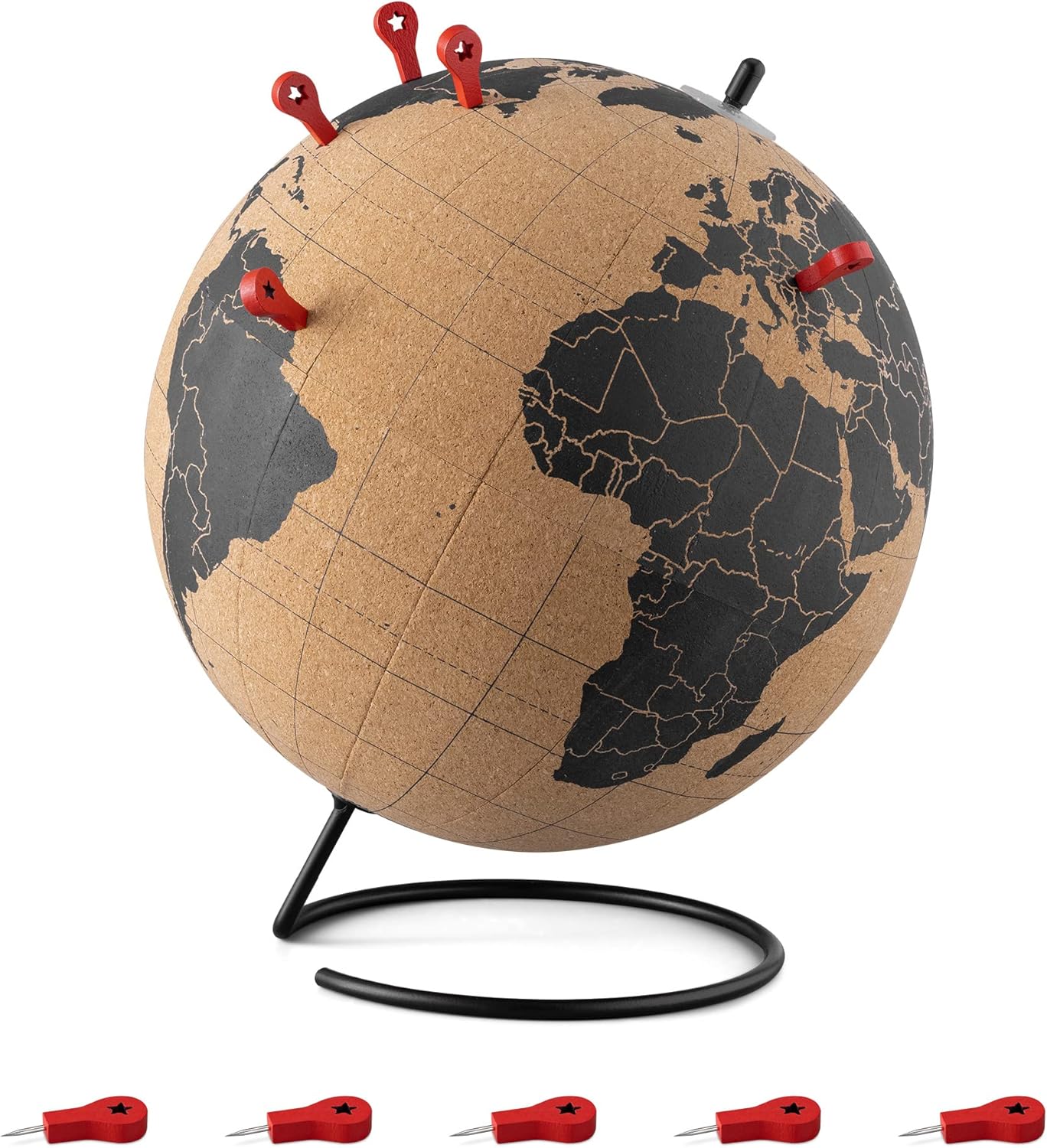 Navaris Cork Globe with Pins - 20 cm (8 Inch) Travel Decor World Map Globe with Push Pin Markers - Includes 10 Wooden Location Pins - Black Print