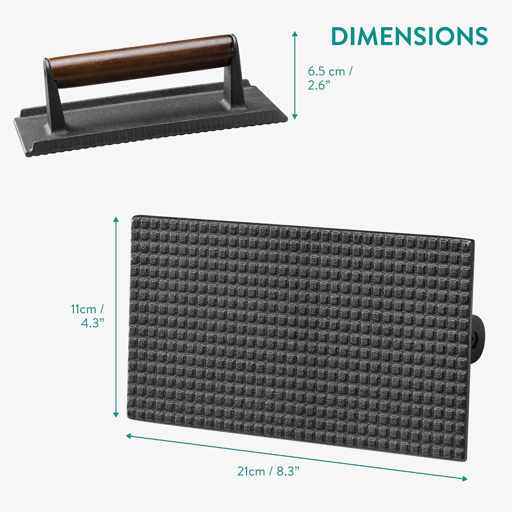 Navaris Smash Burger Press – Rectangular Cast Iron Hamburger Press for Even Grilling & Perfect Sear Marks