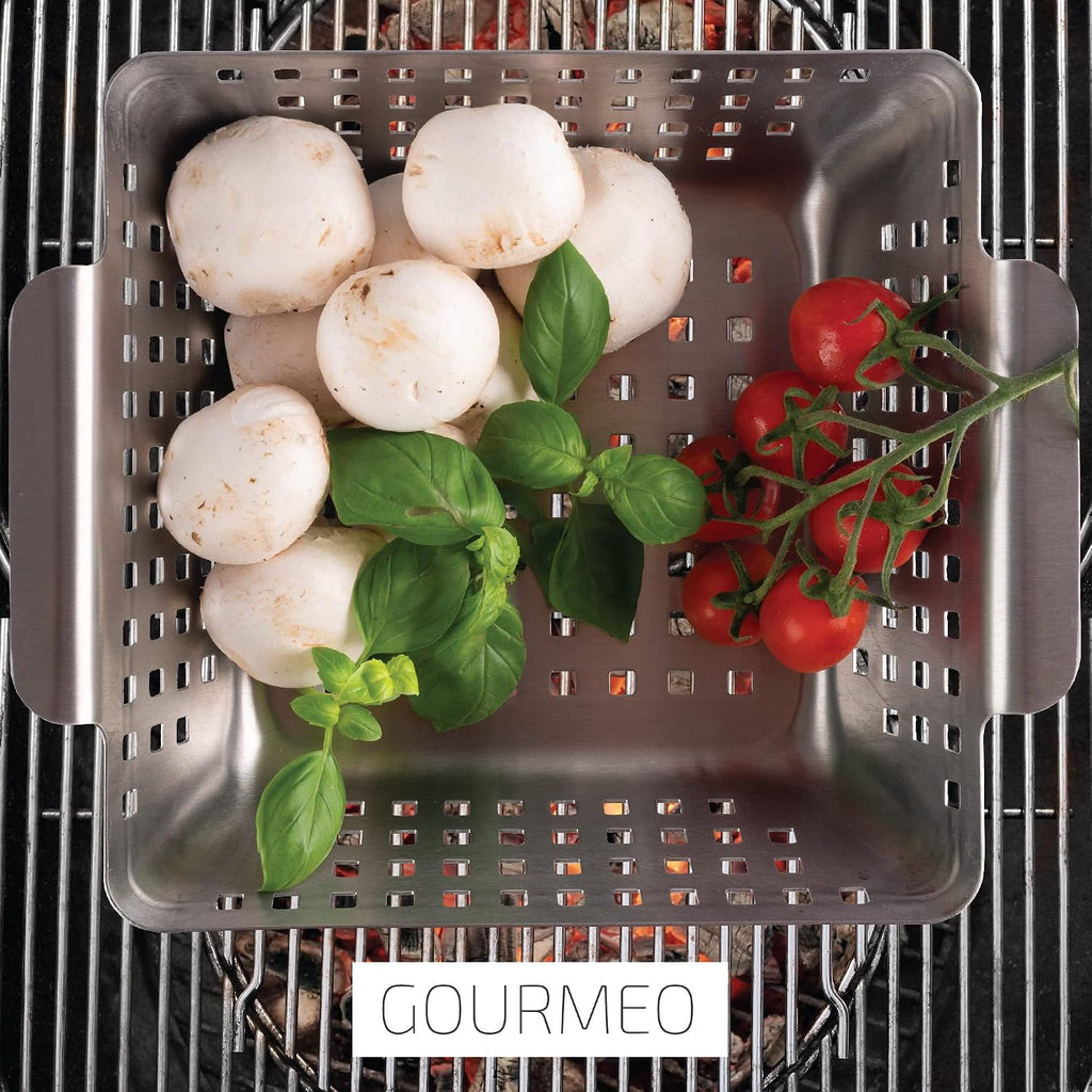 GOURMEO Stainless Steel Grill Basket – 8.2" x 8.2" x 2.7" BBQ Grilling Basket for Vegetables, Fish & Meat
