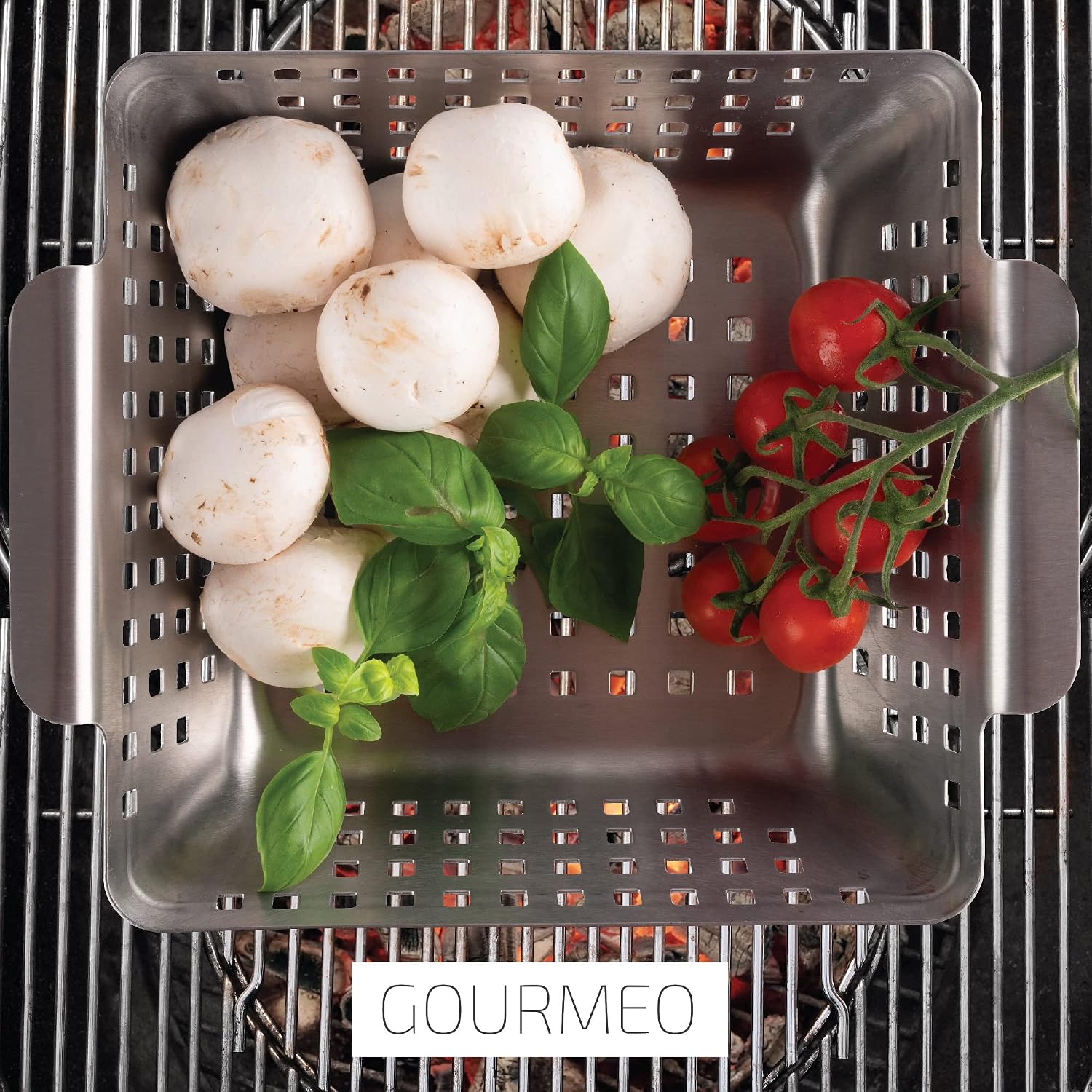 GOURMEO Stainless Steel Grill Basket – 8.2" x 8.2" x 2.7" BBQ Grilling Basket for Vegetables, Fish & Meat