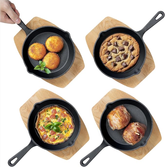 Mini Cast Iron 4" Skillet with Wooden Base (Set of 4) - Cast Iron Frying Pan Mini Skillet with Protective Wood Base - Heavy Duty Metal Skillet Weighing 426g