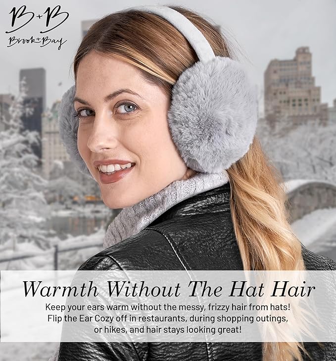 Brook + Bay Foldable Faux Fur Earmuffs - Adjustable Velvet Lined Ear Warmers for Women, Men & Kids - Gray
