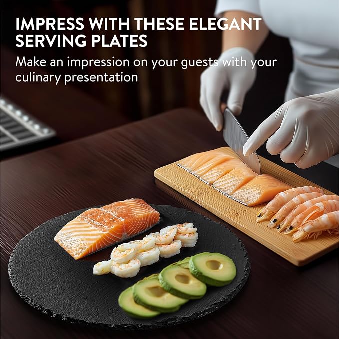 Navaris Round Slate Plate Placemats Set of 4 – 28cm Natural Slate Serving Plates with Chalk for Sushi, Cheese & Appetizers