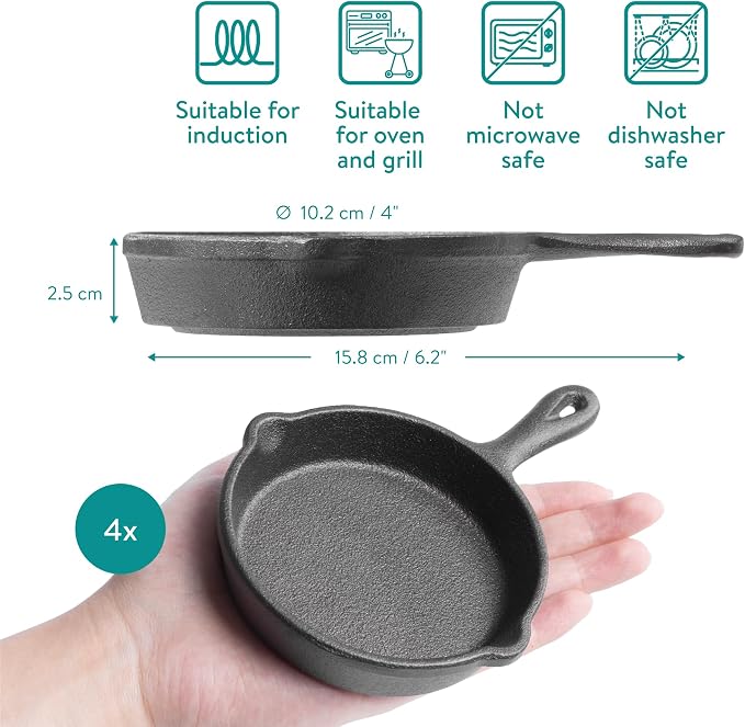 Mini Cast Iron 4" Skillet with Wooden Base (Set of 4) - Cast Iron Frying Pan Mini Skillet with Protective Wood Base - Heavy Duty Metal Skillet Weighing 426g