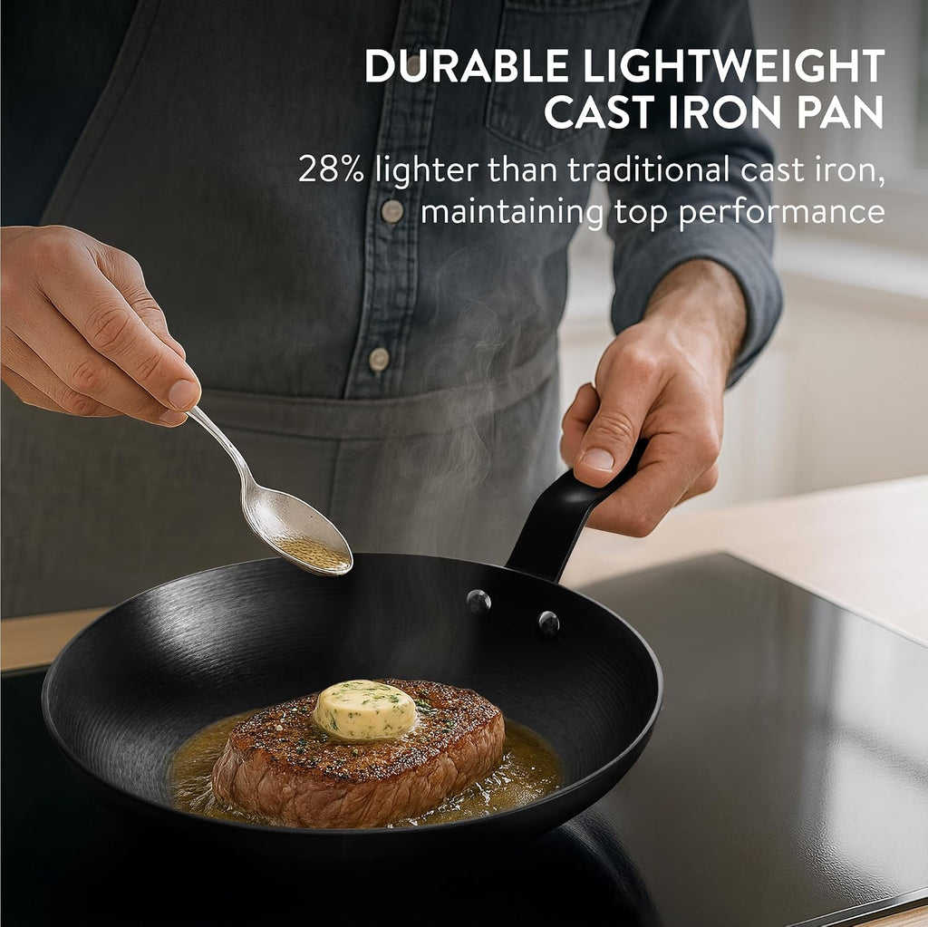 Navaris Nitrided Cast Iron Skillet – 10" (25cm) Lightweight Smooth Frying Pan, Dishwasher Safe & Induction Ready