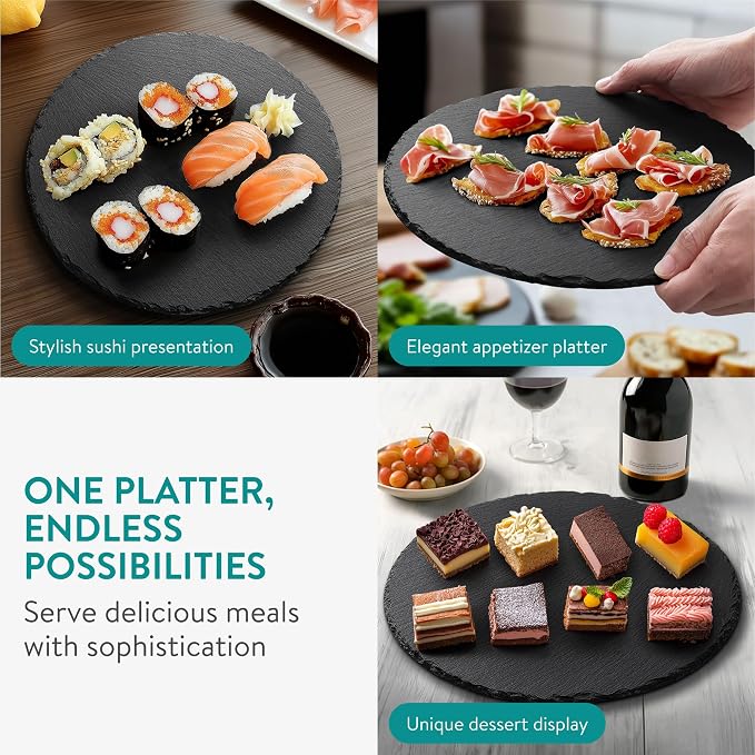 Navaris Round Slate Plate Placemats Set of 4 – 28cm Natural Slate Serving Plates with Chalk for Sushi, Cheese & Appetizers