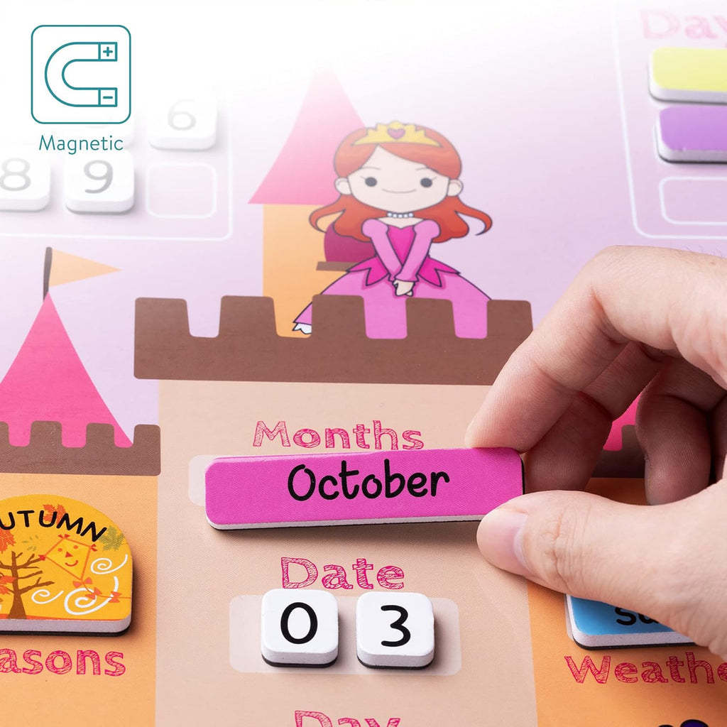 Navaris Kids Magnetic Calendar Board - My First Calendar Educational Wall Chart with Daily Magnet Stickers, Seasons, Weather & Months for Children - Pink Princess
