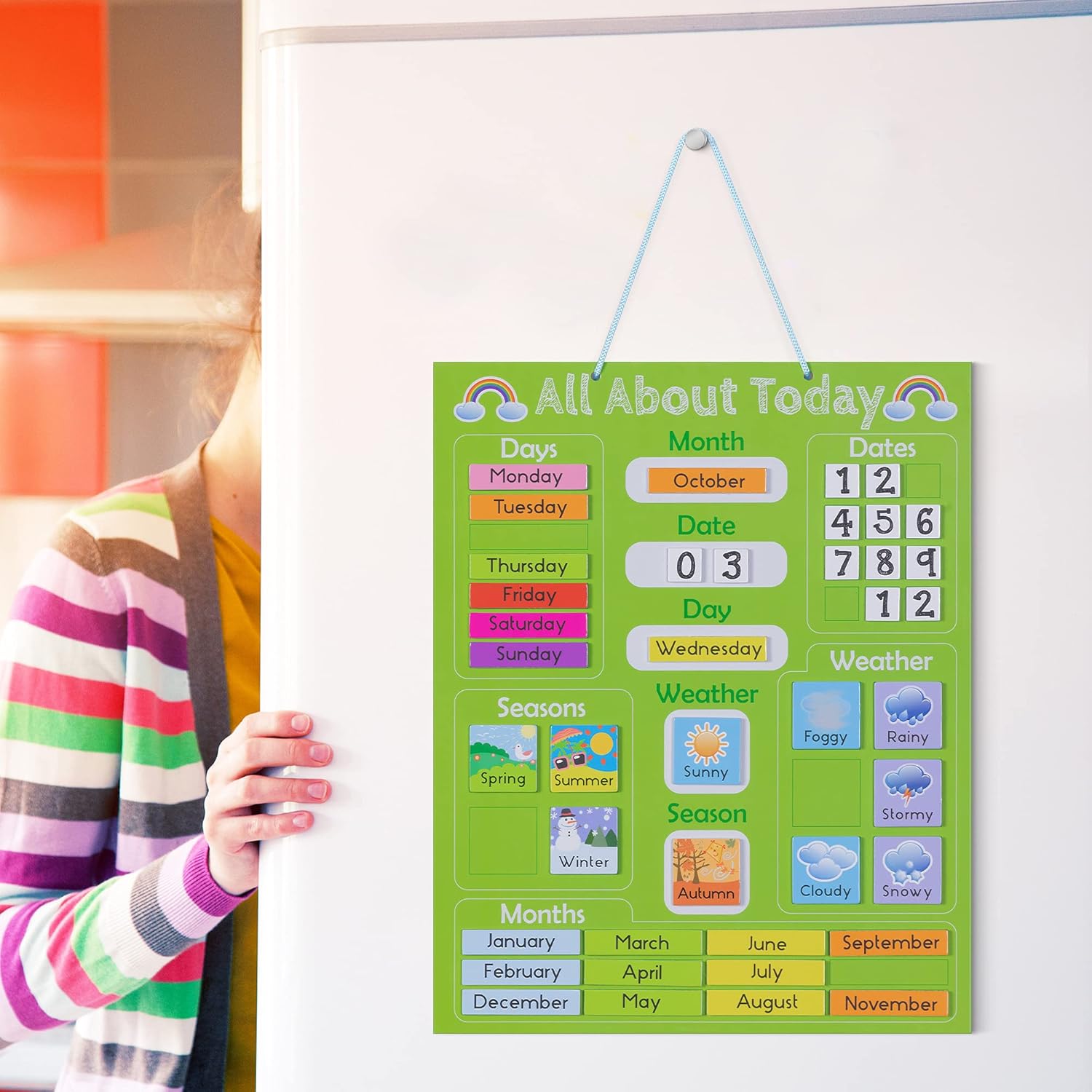 Navaris Kids Magnetic Calendar - Educational Learning Wall Board for Children with Weather, Date, Month, Day & Season Activities - Green