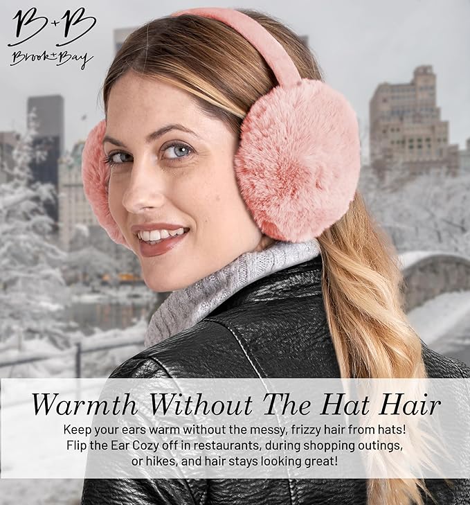 Brook + Bay Foldable Faux Fur Earmuffs - Adjustable Velvet Lined Ear Warmers for Women, Men & Kids - Pink