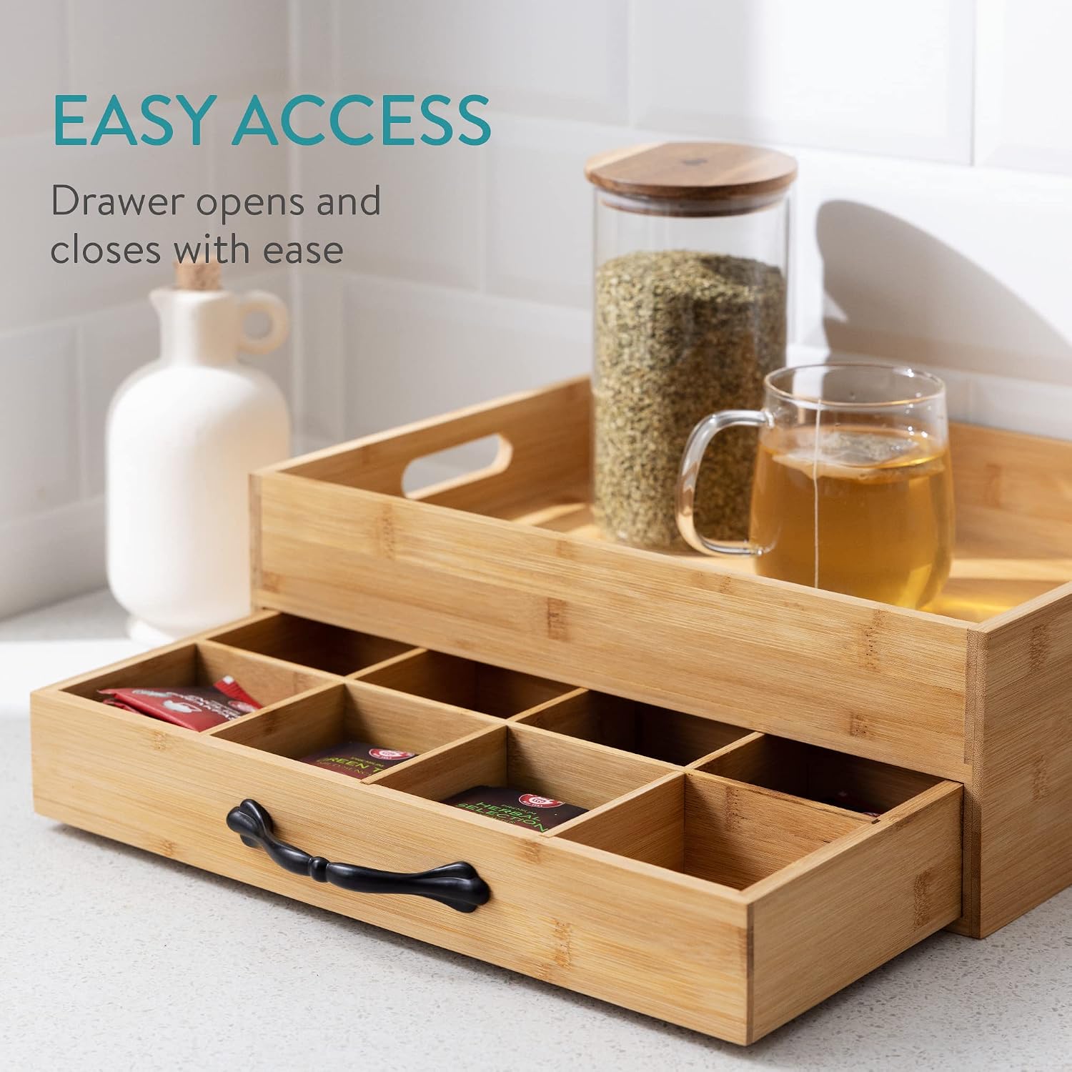 Navaris Bamboo Tea Box & Serving Tray – 12 Compartment Tea Storage Organizer with Removable Carry Tray & Tea Bag Drawer