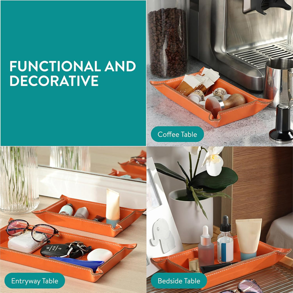 Navaris PU Leather Tray Set - 2 Piece Valet Tray & Trinket Organizer - Key, Watch, Jewelry & Desk Storage Tray Set - Orange