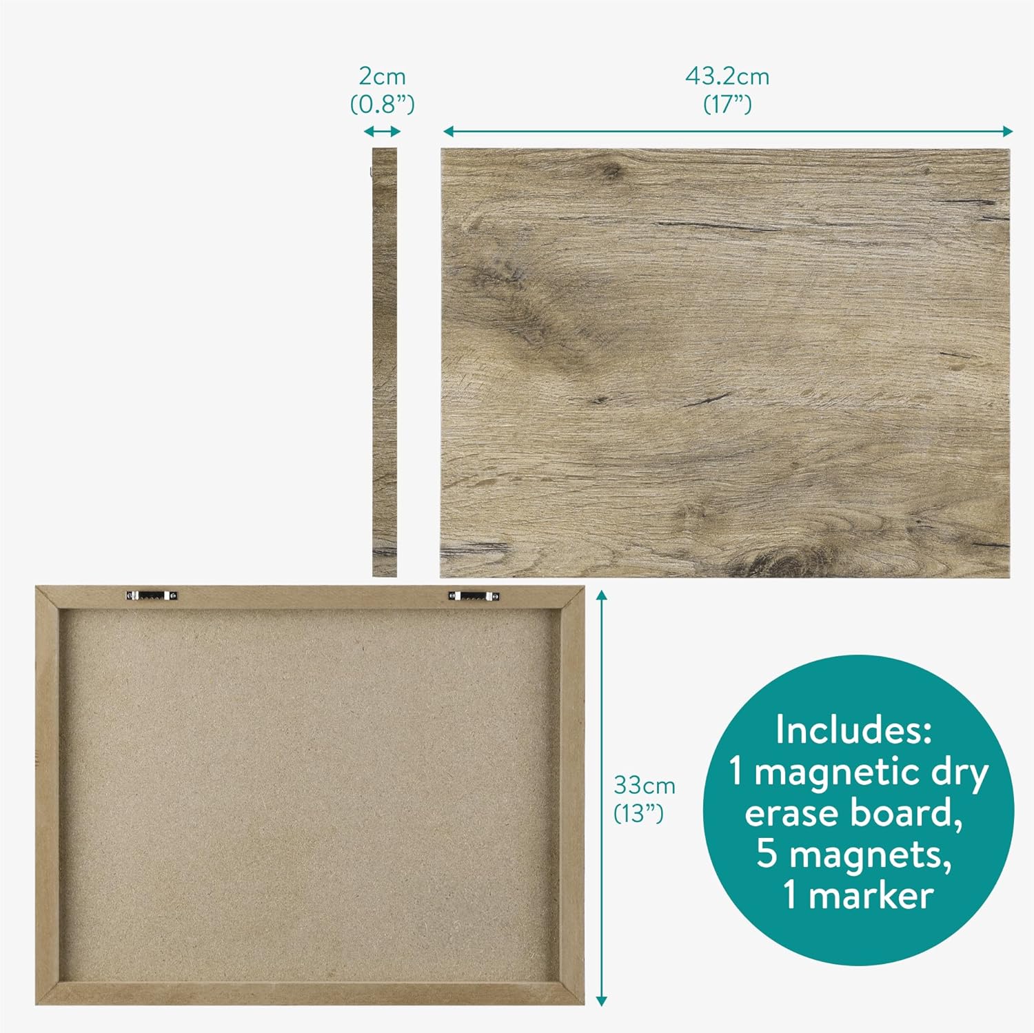 Navaris Frameless Magnetic Memo Board - 17 x 13 Inch Decorative Dry Erase Whiteboard for Wall - Dark Wood Magnet Display Board with Pre-Mounted Hangers